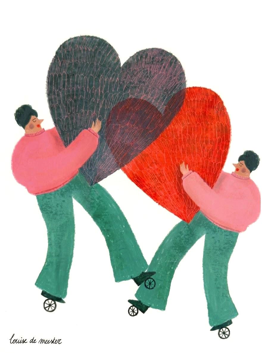 Contemporary illustration art print by Louise de Meester featuring expressive characters and bold heart shapes in a playful modern style.