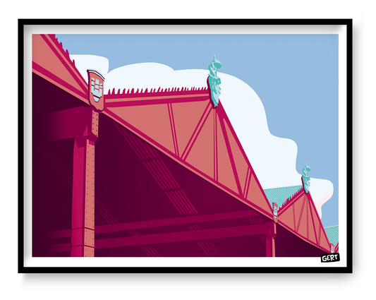 Hangars by Gert Paenen, colorful architectural art print featuring the iconic Scheldekaaien hangars in Antwerp, Belgium. Contemporary graphic illustration with bold geometric structures, vibrant pink and blue tones, urban architecture, and modern cityscape design.