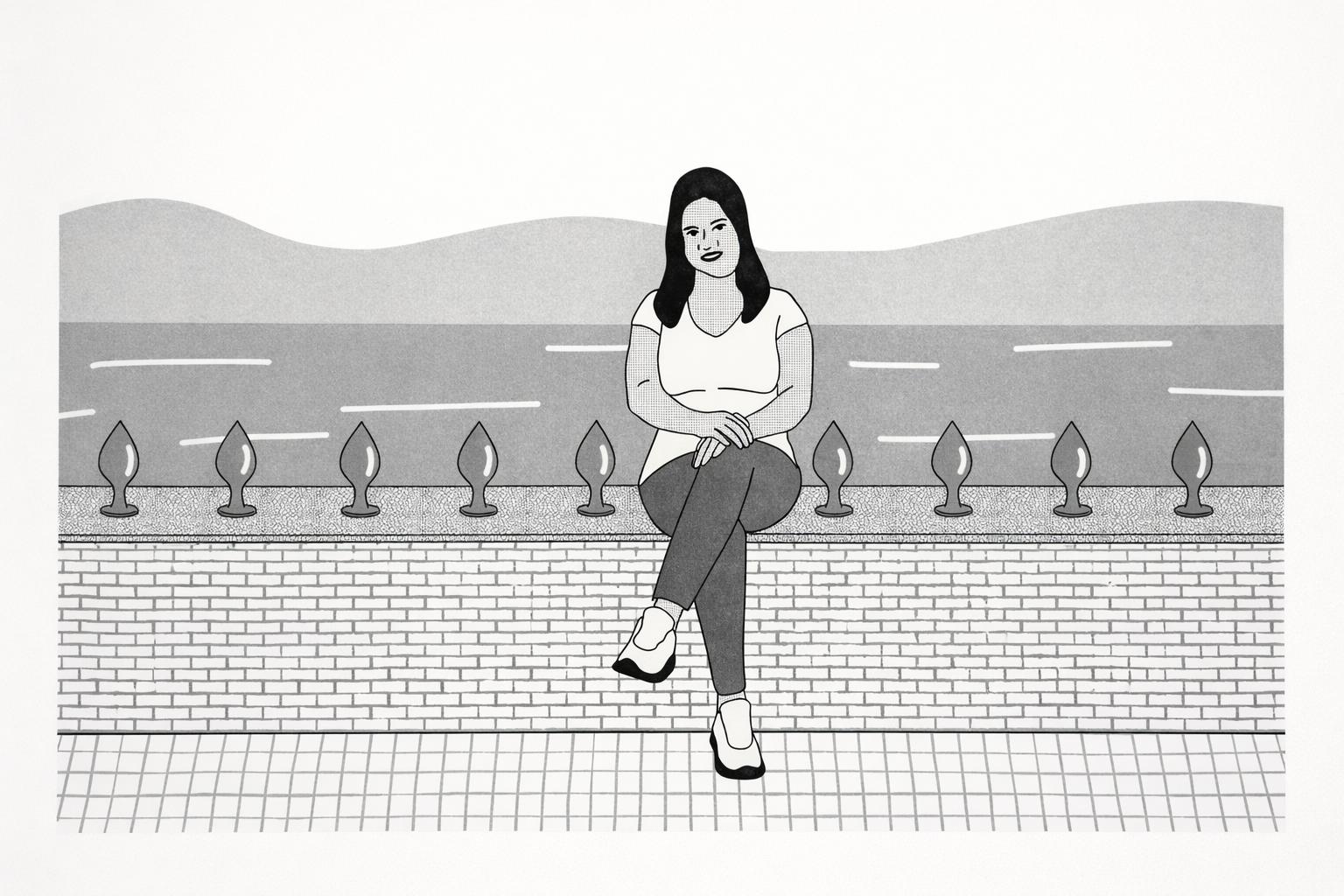 Risograph art print titled “Happy” by Studio Stoutpoep, A2 contemporary monochrome illustration featuring a seated woman in a graphic minimalist style, printed with eco-friendly soy-based inks, modern statement wall art for design interiors.