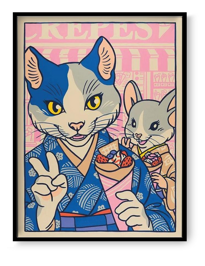 Playful pop-style illustration by Yeaaah! Studio featuring a stylish anthropomorphic cat and mouse in traditional Japanese kimonos, enjoying crepes and posing for a selfie in a colorful Harajuku street scene. A vibrant fusion of kawaii culture and retro comic art—perfect for fans of Japan-inspired, quirky wall decor