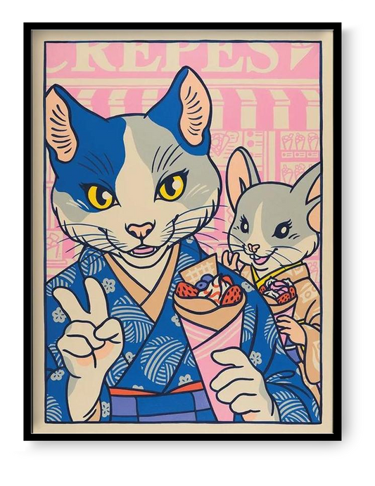 Playful pop-style illustration by Yeaaah! Studio featuring a stylish anthropomorphic cat and mouse in traditional Japanese kimonos, enjoying crepes and posing for a selfie in a colorful Harajuku street scene. A vibrant fusion of kawaii culture and retro comic art—perfect for fans of Japan-inspired, quirky wall decor
