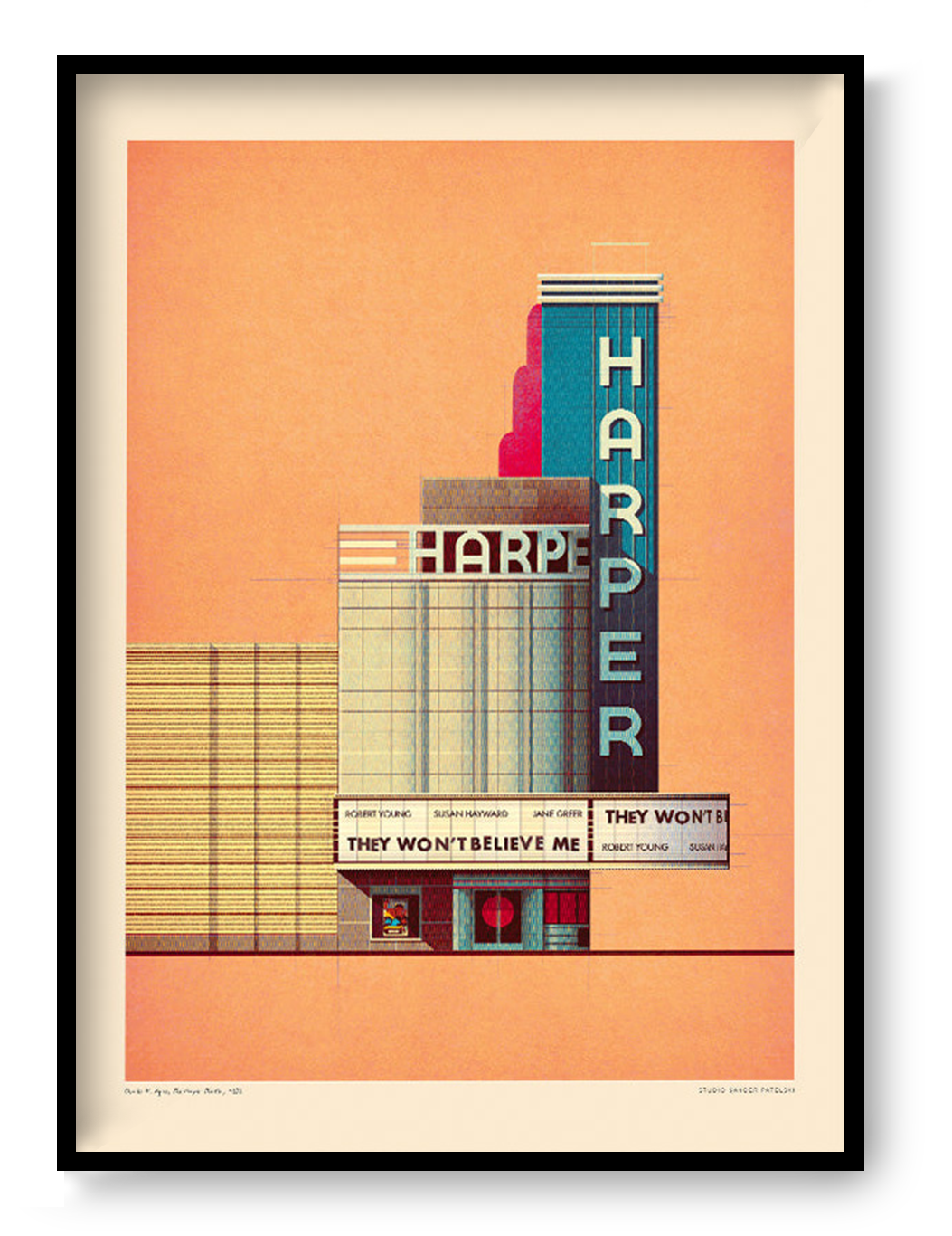 The Harper Theater 1939 by Sander Patelski, large 50 x 70 cm architectural digital art print featuring a vintage Art Deco cinema facade in warm peach, blue, and red tones with retro typography and minimalist urban design.