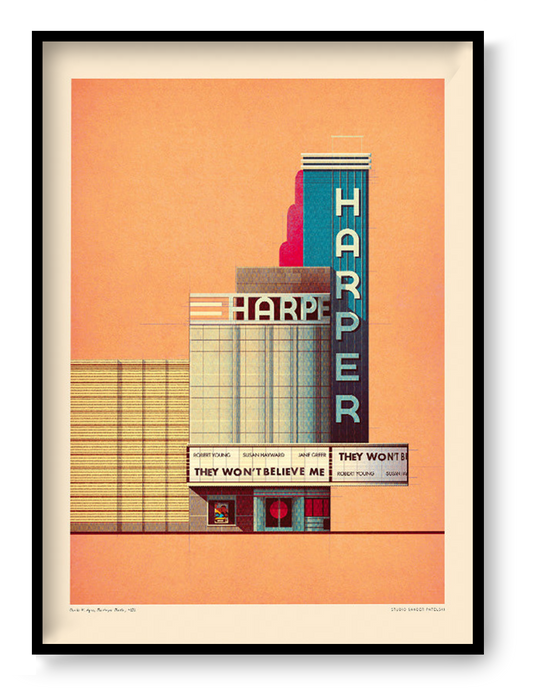 The Harper Theater 1939 by Sander Patelski, large 50 x 70 cm architectural digital art print featuring a vintage Art Deco cinema facade in warm peach, blue, and red tones with retro typography and minimalist urban design.