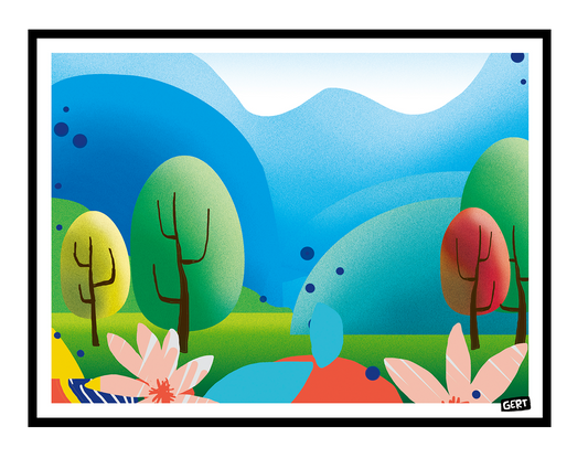 Hills by Gert Paenen, colourful landscape digital art print featuring rolling blue hills, stylised trees, flowers, and vibrant geometric shapes, contemporary wall art for modern home decor.