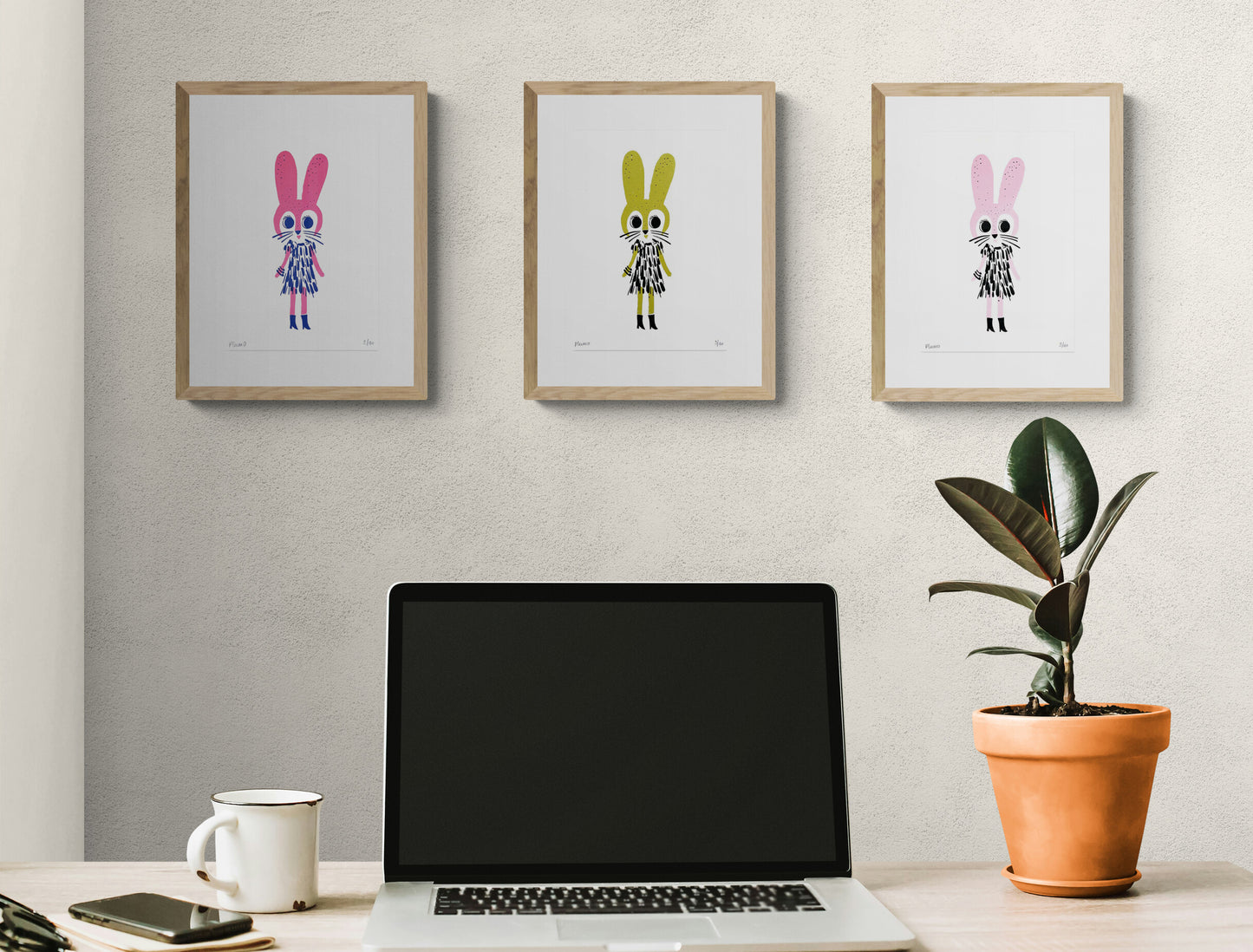 Plumo “Fancy Rabbit” A5 hand-pulled screenprint art print in fuchsia, golden and pink big-eyed rabbit character in black patterned dress and boots on white background, limited edition Belgian wall art for kids room or modern interior.