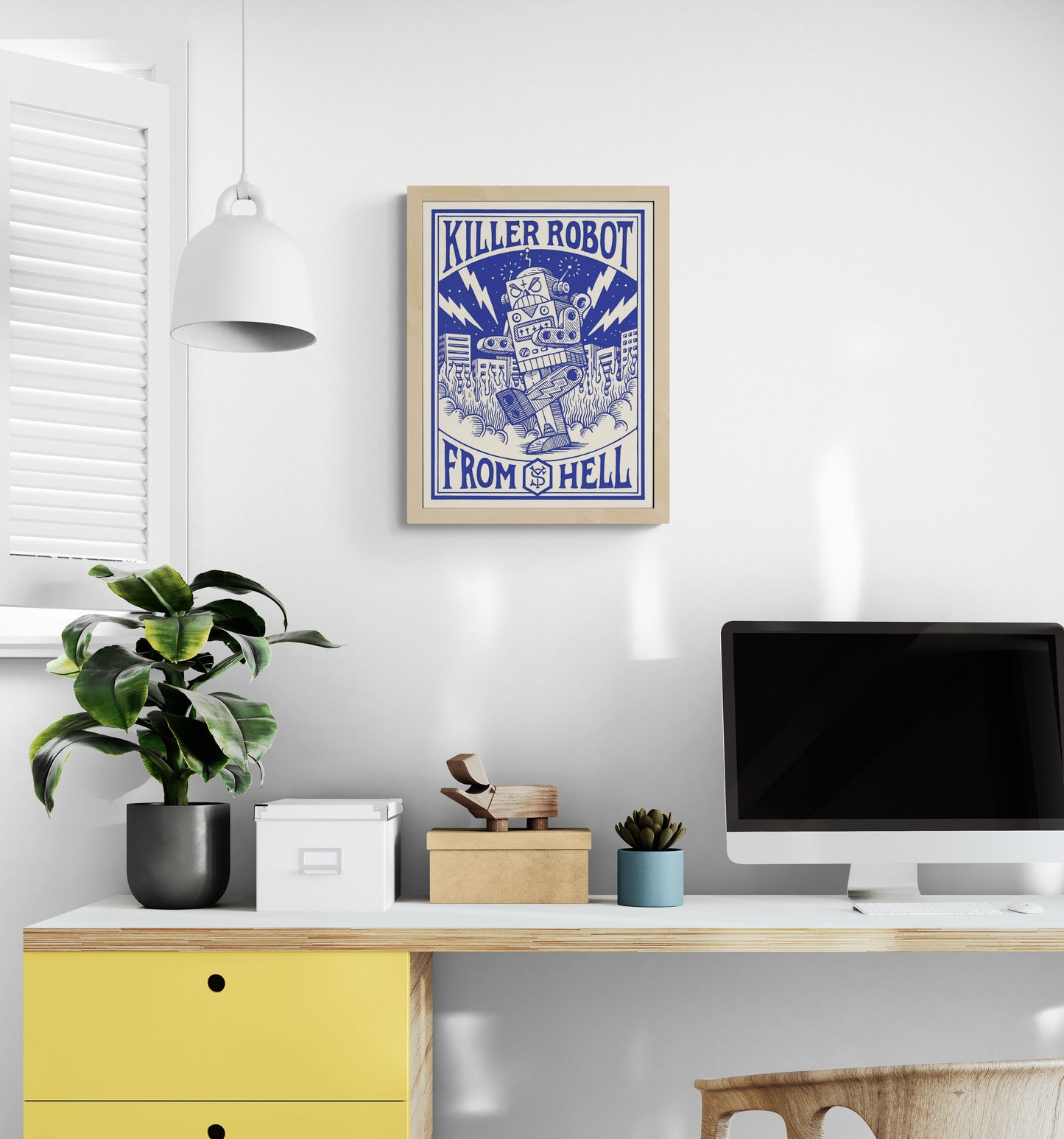Blue retro comic robot illustration destroying a city with flames and lightning, playful pop culture wall art print by Yeaaah! Studio, 30 x 40 cm poster for gaming room or creative studio decor.