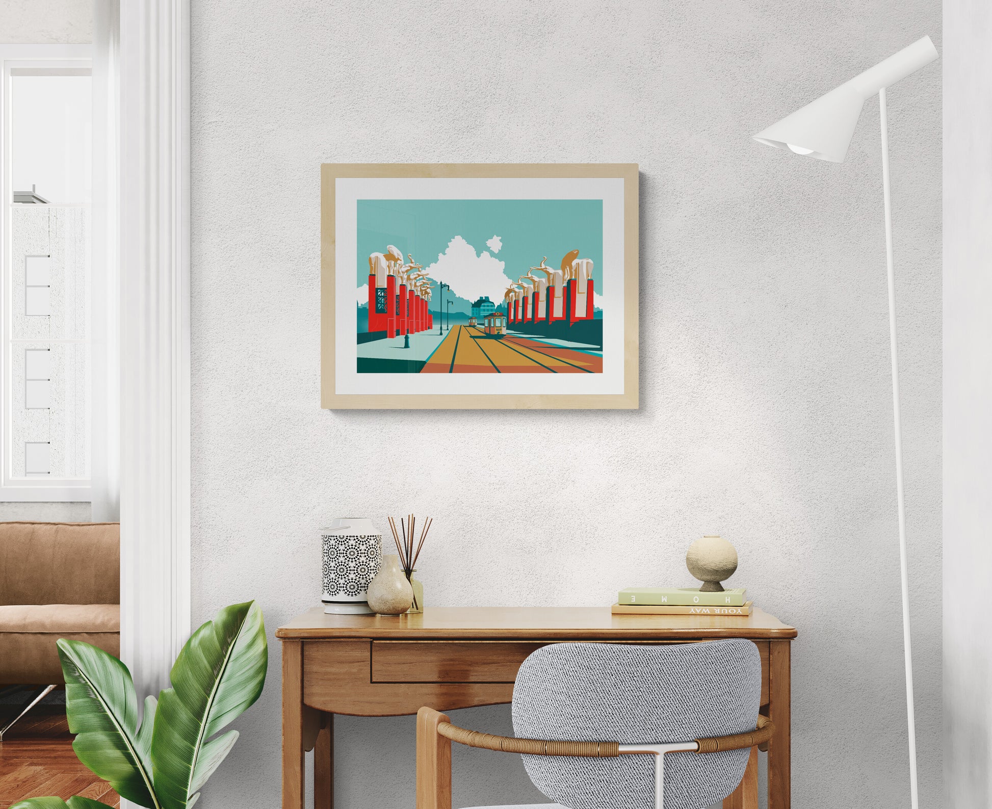 Graphic illustration of the historic Olifantenbrug bridge in Antwerp with elephant sculptures and tram tracks, architectural artwork by Studio Frits.