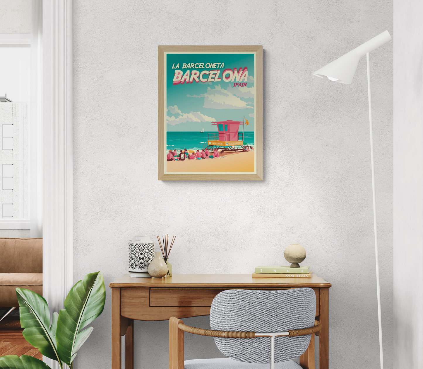 Barcelona La Barceloneta travel poster by Studio Frits featuring beach scene with lifeguard tower, people relaxing on the sand, and Mediterranean sea in retro summer style