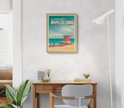 Barcelona La Barceloneta travel poster by Studio Frits featuring beach scene with lifeguard tower, people relaxing on the sand, and Mediterranean sea in retro summer style