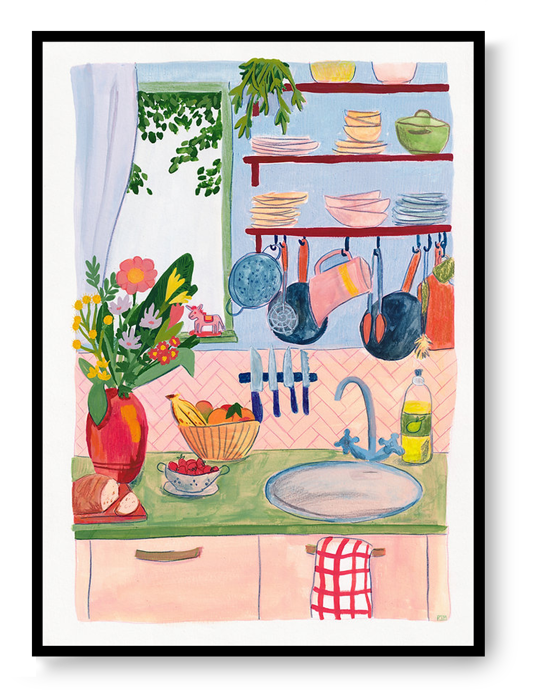 Colorful illustration of a cozy kitchen interior with plants, dishes, hanging utensils, flowers, and soft pastel tones, creating a warm and homely atmosphere.