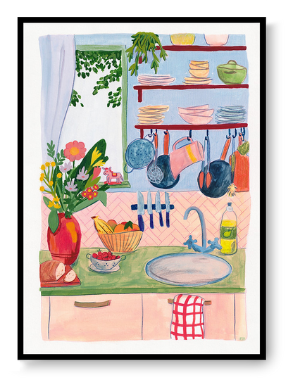 Colorful illustration of a cozy kitchen interior with plants, dishes, hanging utensils, flowers, and soft pastel tones, creating a warm and homely atmosphere.