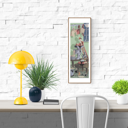 Horror giclée art print by Willy Leung in vertical format depicting a surreal domestic scene with subtle dark humor, printed on fine art paper.
