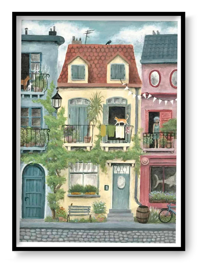 Cozy illustration of colorful European houses with balconies and everyday details, art print by Stien van Kerckhoven.