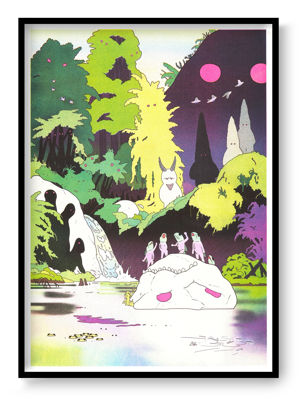 Surreal A3 risograph by Jérémie Moreau showing strange nature spirits, creatures and birds in a vivid green, yellow, purple and pink forest landscape, ideal as playful vertical wall art.