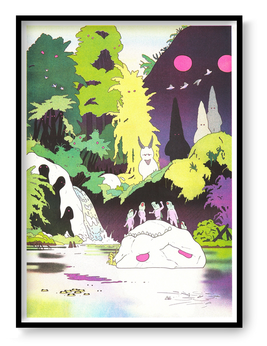 Surreal A3 risograph by Jérémie Moreau showing strange nature spirits, creatures and birds in a vivid green, yellow, purple and pink forest landscape, ideal as playful vertical wall art.