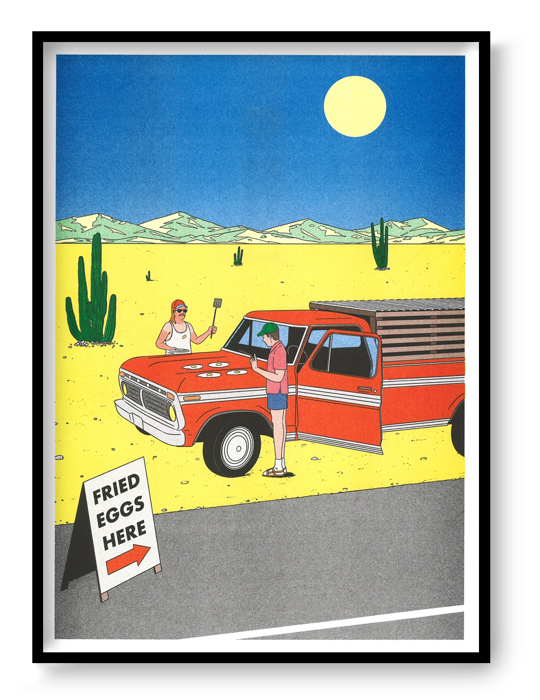 Colourful vertical risograph print by Simon Bailly showing two men cooking fried eggs on a red pickup truck in a yellow desert with cacti, mountains and a blue sky, ideal as playful kitchen or living room wall art.
