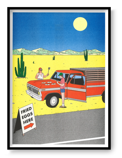 Colourful vertical risograph print by Simon Bailly showing two men cooking fried eggs on a red pickup truck in a yellow desert with cacti, mountains and a blue sky, ideal as playful kitchen or living room wall art.