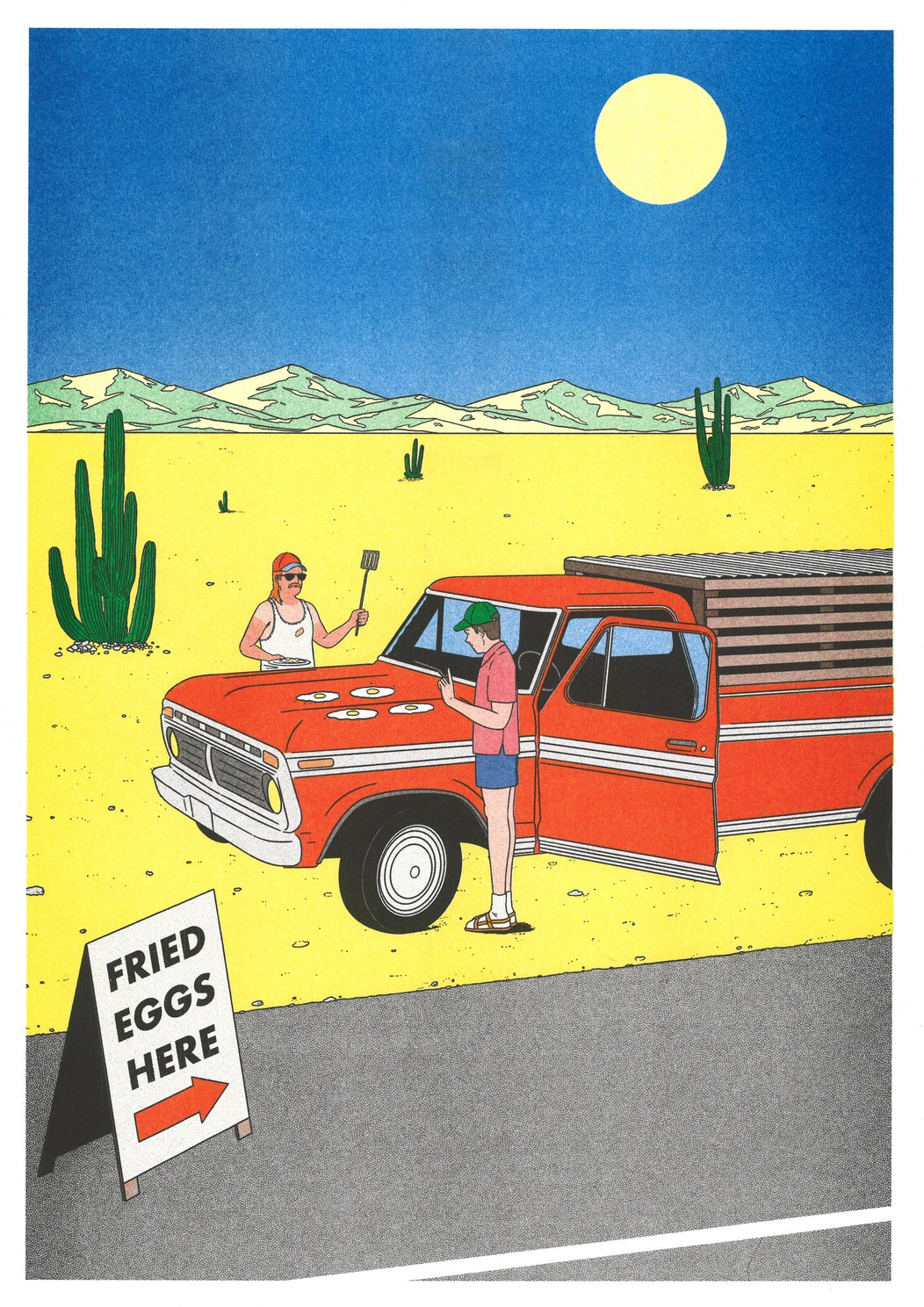 Colourful vertical risograph print by Simon Bailly showing two men cooking fried eggs on a red pickup truck in a yellow desert with cacti, mountains and a blue sky, ideal as playful kitchen or living room wall art.