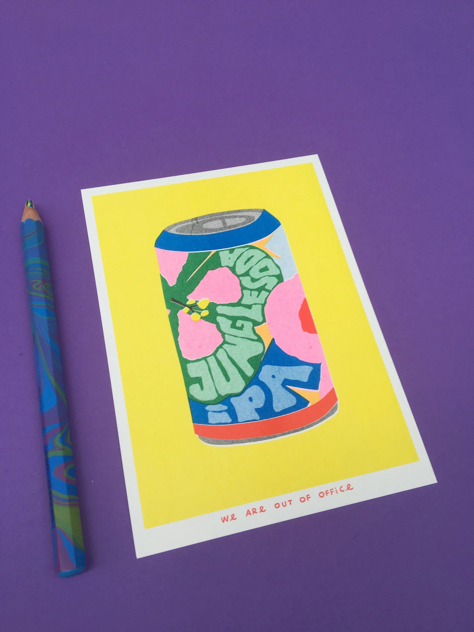 Colorful risograph print of a soda can with floral patterns and bold lettering titled “Jungle Soda IPA” by We Are Out Of Office – small-format wall art with bright yellow background, pop art style, 13 x 18 cm.