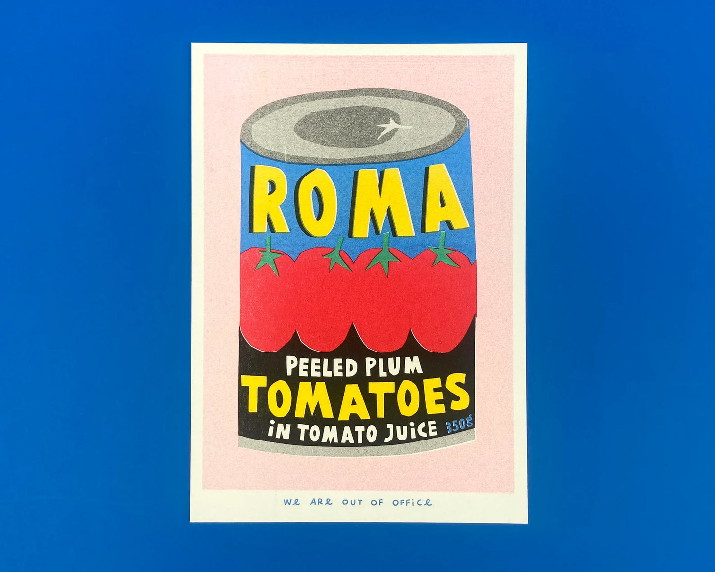 Risograph art print of a colorful Roma plum tomato can by We Are Out Of Office, printed with soy ink on 300g Biotop paper – quirky pop art kitchen wall decor in red, blue, and yellow, ideal for food lovers and design enthusiasts.