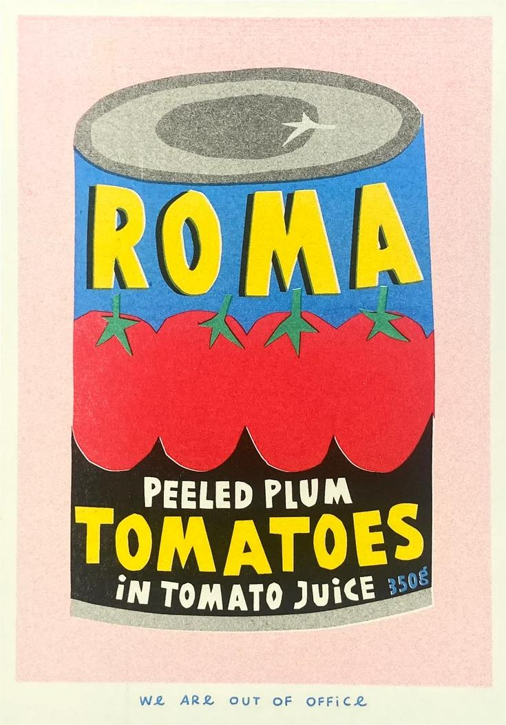 Risograph art print of a colorful Roma plum tomato can by We Are Out Of Office, printed with soy ink on 300g Biotop paper – quirky pop art kitchen wall decor in red, blue, and yellow, ideal for food lovers and design enthusiasts.