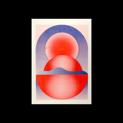 Abstract geometric risograph print by Dutch illustrator PTRVRKD – bold blue and red still life with circular shapes, gradients, and modern minimalist design, printed with eco-friendly soy inks on 250 gsm Biotop paper, handmade in the Netherlands – ideal contemporary wall art for design enthusiasts.