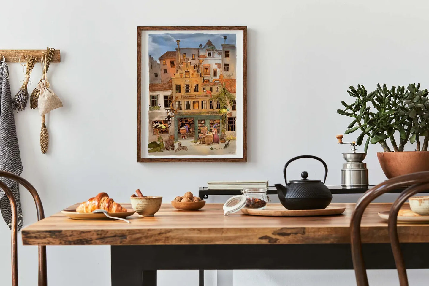 Whimsical fantasy illustration of a steampunk brewery in Antwerp with witches, dragons, and glowing lights by Lena Yampolski. Detailed giclée art print inspired by Flemish architecture, Belgian beer, and magical storytelling