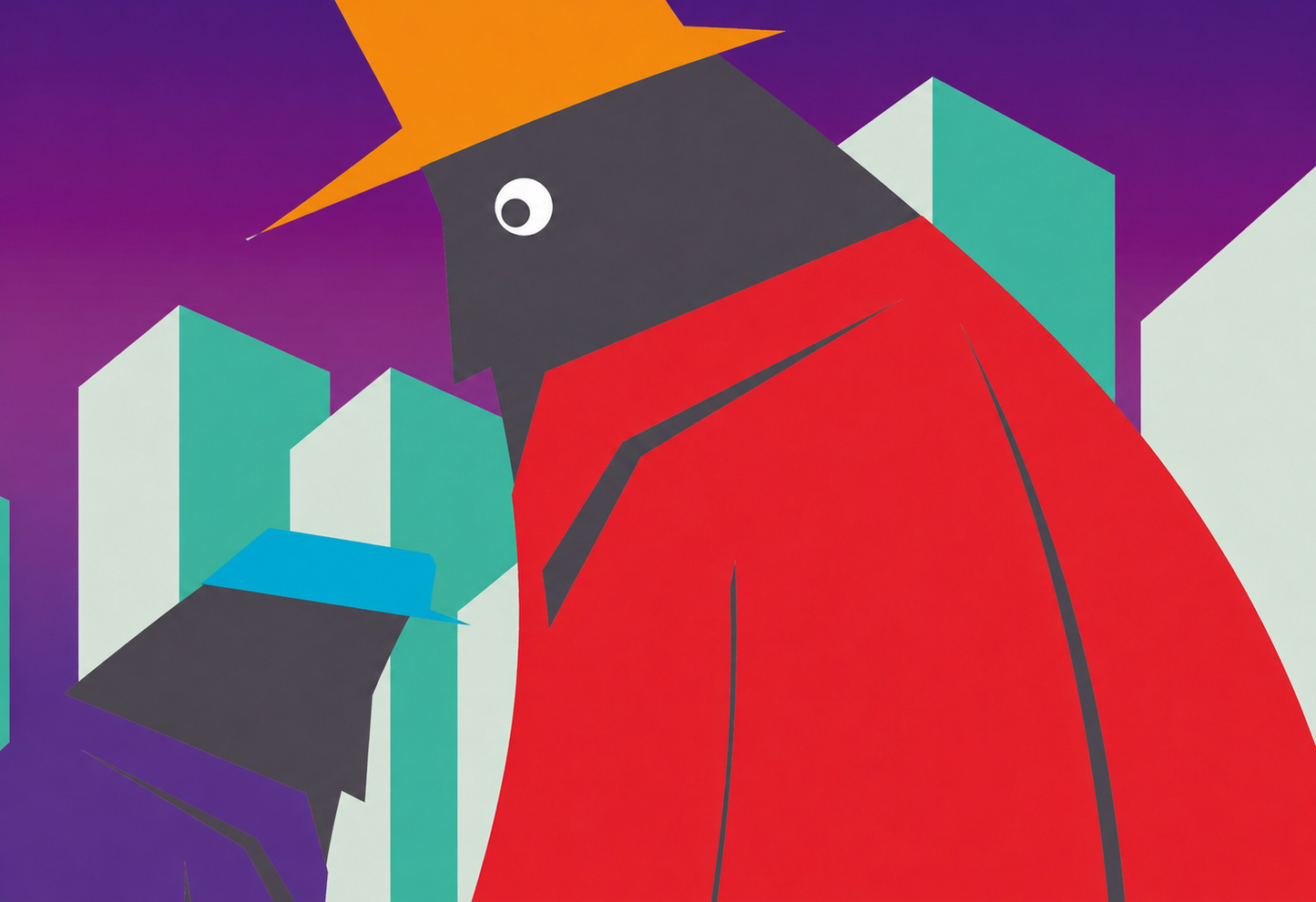 Against the Stream by Gert Paenen, colorful digital art print featuring abstract geometric figures walking through a modern cityscape in bold red, purple, turquoise, and black tones.