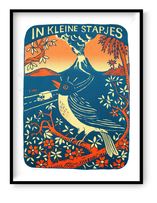 In kleine stapjes limited edition 3-colour screen print by Dennis Dellaert showing a stylized bird perched on a flowering branch with a volcano and winding road in the background, vibrant blue and orange graphic illustration, 30 x 40 cm wall art