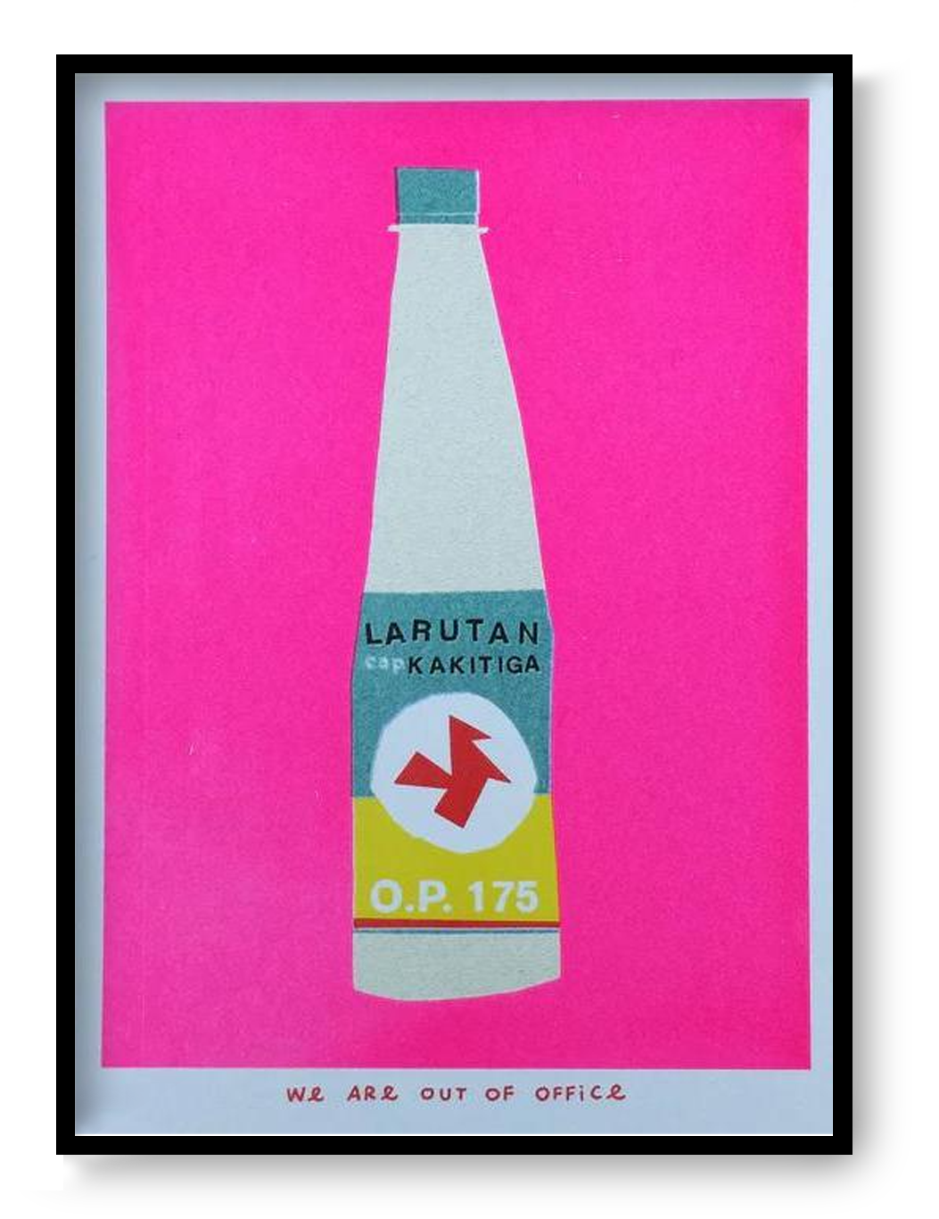 Pink risograph art print of Indonesian Kakitiga bottle, minimalist graphic illustration, small 13x18 cm wall art by We Are Out of Office.