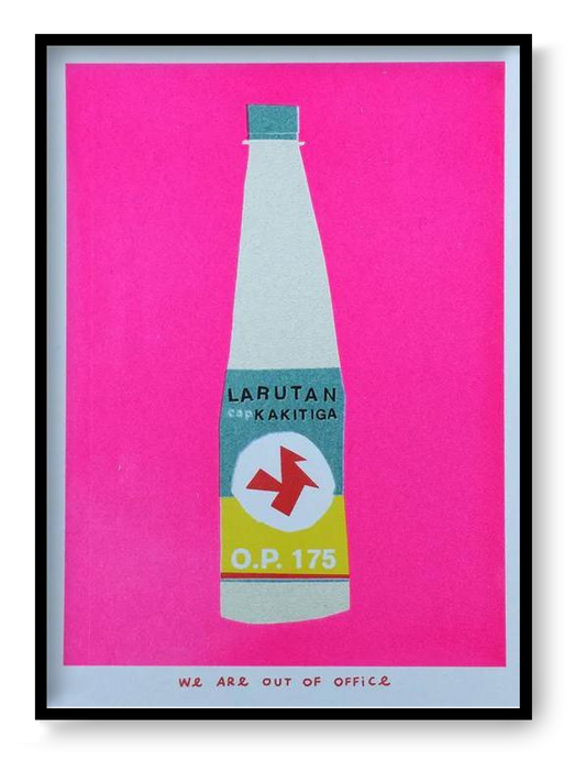 Pink risograph art print of Indonesian Kakitiga bottle, minimalist graphic illustration, small 13x18 cm wall art by We Are Out of Office.