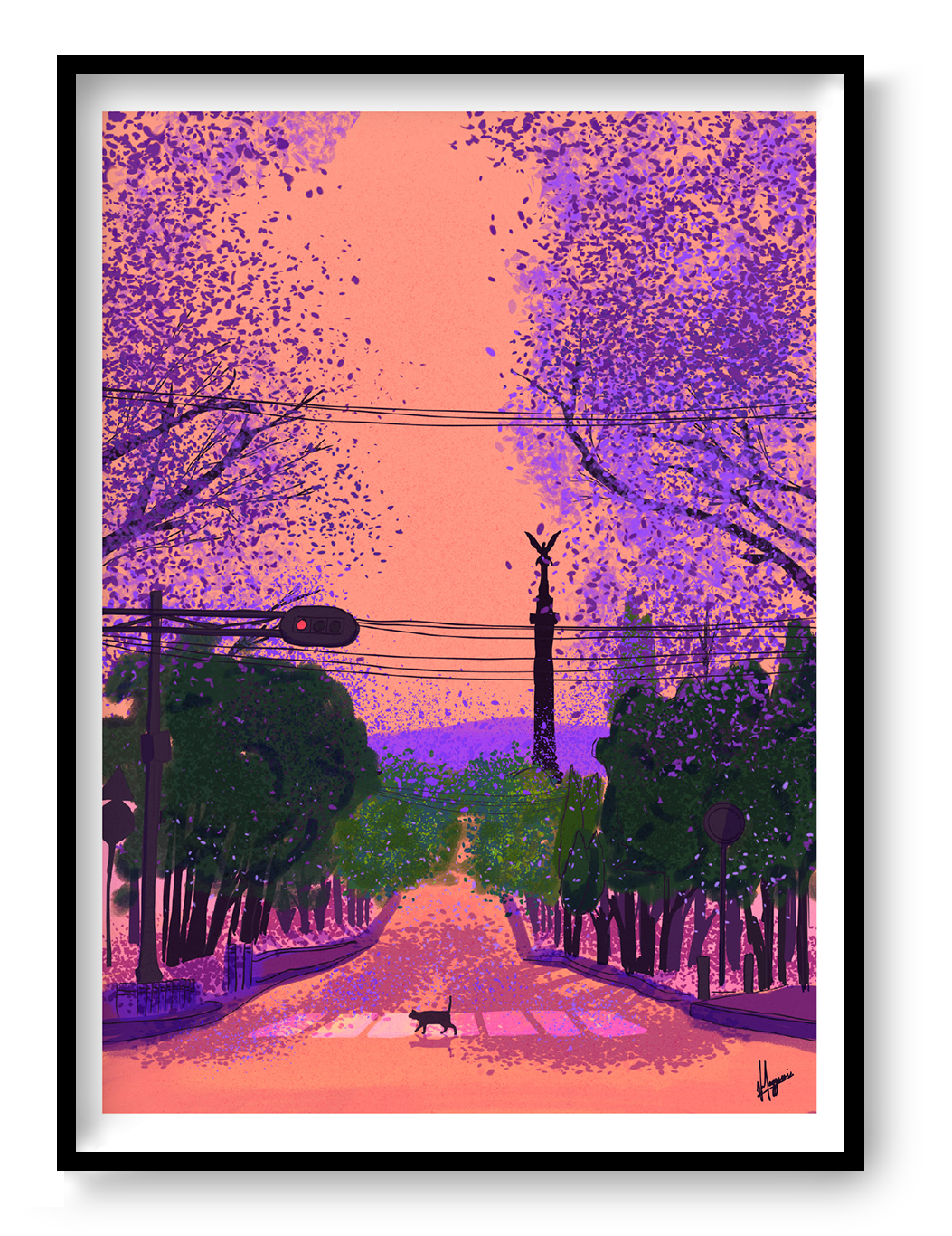 Colourful vertical giclée art print by Valeria Maggiani showing Paseo de la Reforma in Mexico City beneath purple jacaranda trees, with the Ángel de la Independencia and a cat crossing the road.