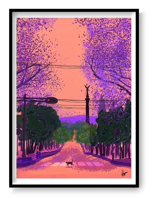 Colourful vertical giclée art print by Valeria Maggiani showing Paseo de la Reforma in Mexico City beneath purple jacaranda trees, with the Ángel de la Independencia and a cat crossing the road.
