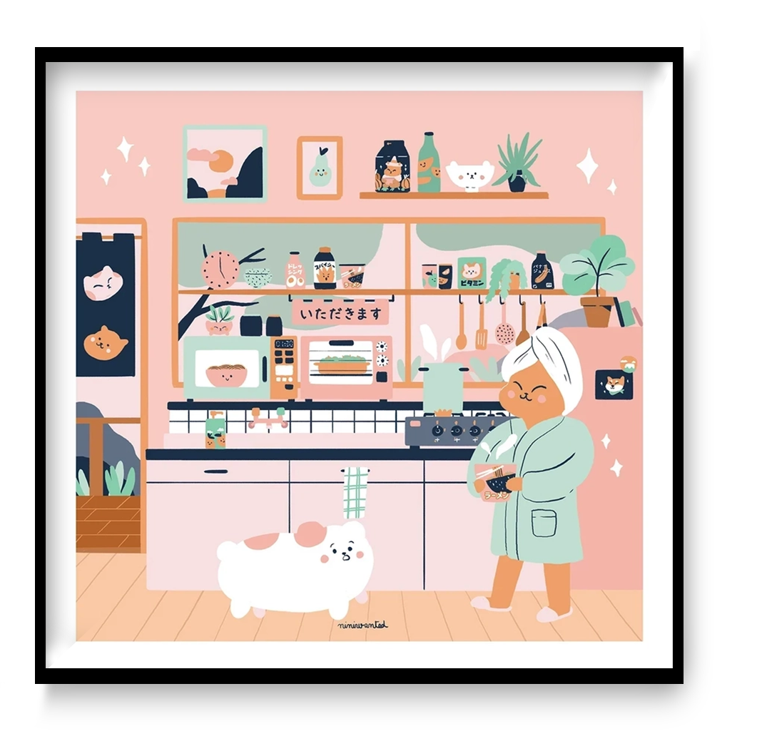 Japanese Kitchen by Niniwanted, square digital art print showing a cute character holding ramen beside a fluffy white pet in a pastel pink Japanese kitchen. Kawaii illustration for cheerful kitchen wall decor.