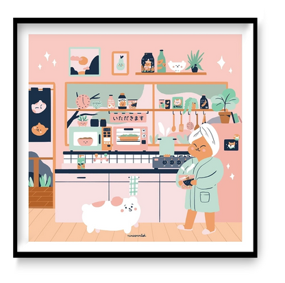 Japanese Kitchen by Niniwanted, square digital art print showing a cute character holding ramen beside a fluffy white pet in a pastel pink Japanese kitchen. Kawaii illustration for cheerful kitchen wall decor.