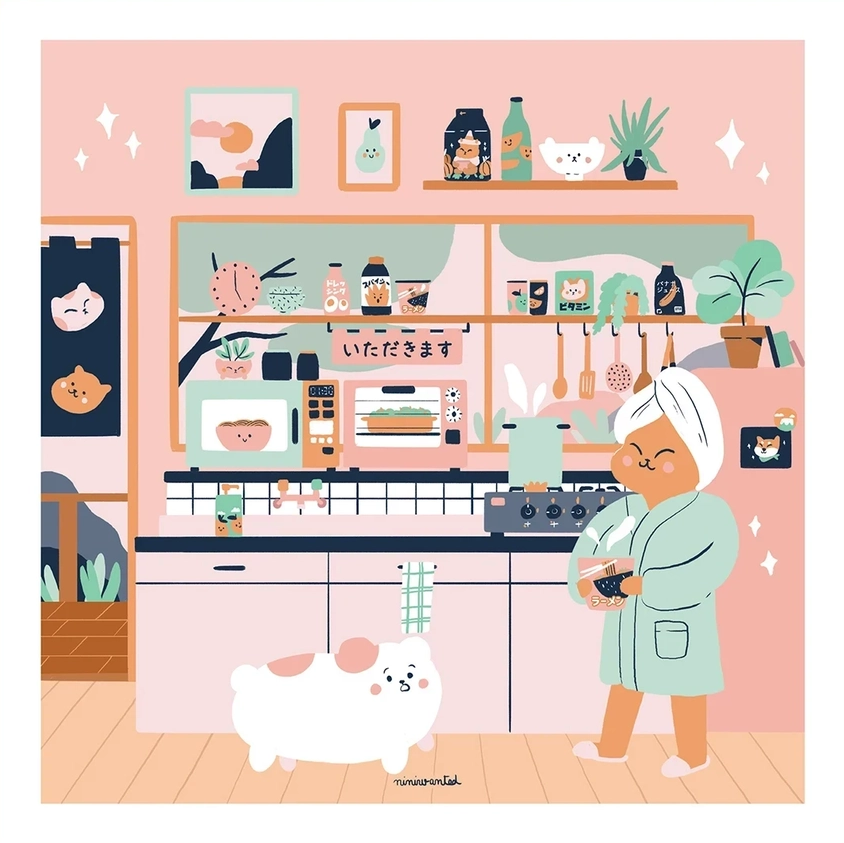 Japanese Kitchen by Niniwanted, square digital art print showing a cute character holding ramen beside a fluffy white pet in a pastel pink Japanese kitchen. Kawaii illustration for cheerful kitchen wall decor.