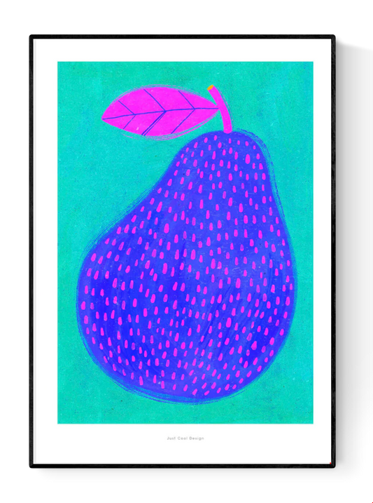 Vibrant giclée art print of a stylized blue-purple pear with pink dots and a bright magenta leaf, set against a turquoise background; bold, modern fruit illustration by Just Cool Design.