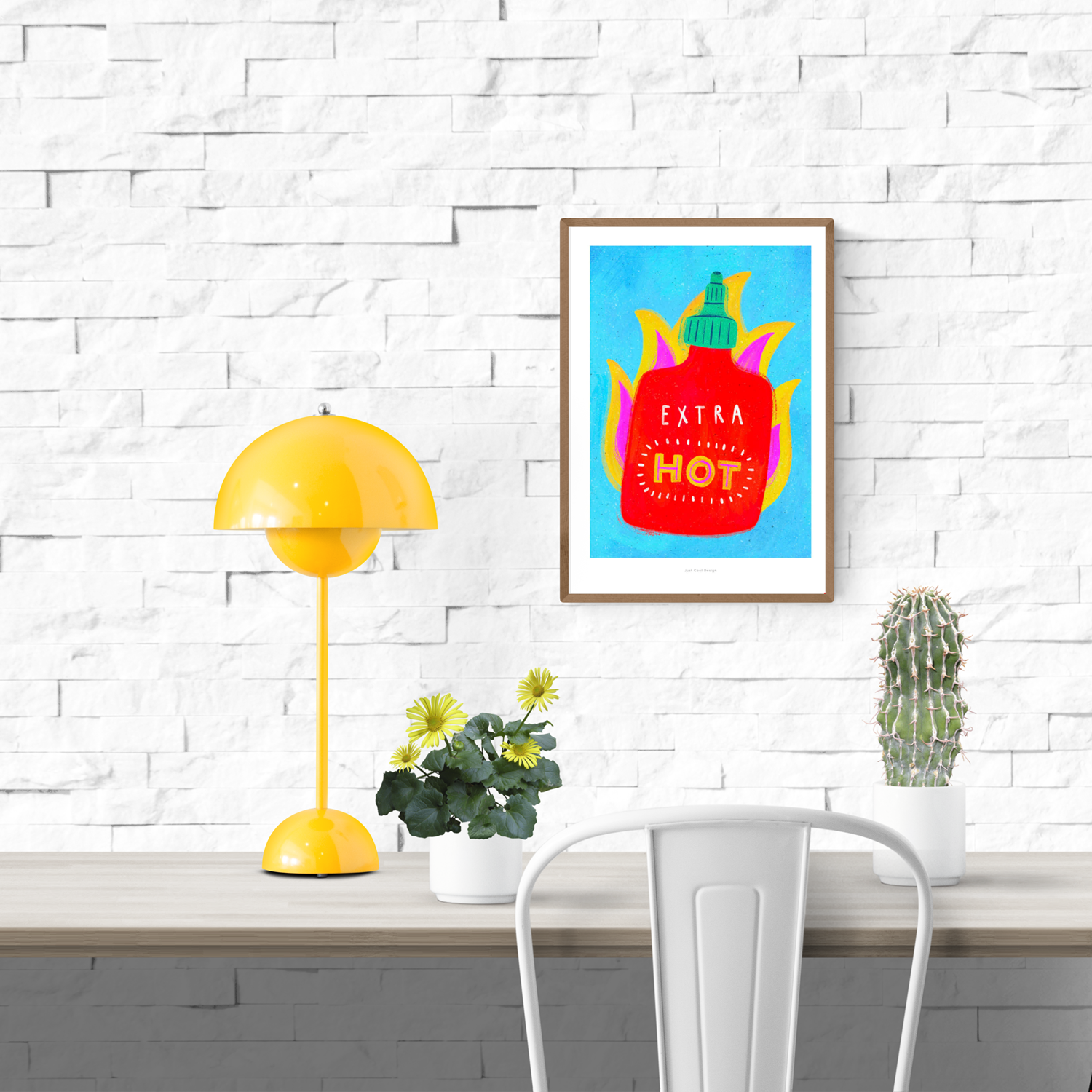 Giclée art print featuring a bright red hot sauce bottle labeled "EXTRA HOT" with stylized yellow and pink flames on a vivid blue background, created by Just Cool Design.