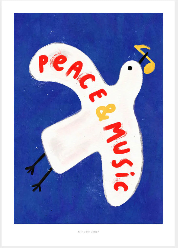 Colorful art print of a white pigeon carrying a yellow musical note on a deep blue background with the hand-painted phrase “Peace & Music” in red and yellow letters. Whimsical and modern illustration by Just Cool Design, perfect wall art for music lovers and optimistic interiors.