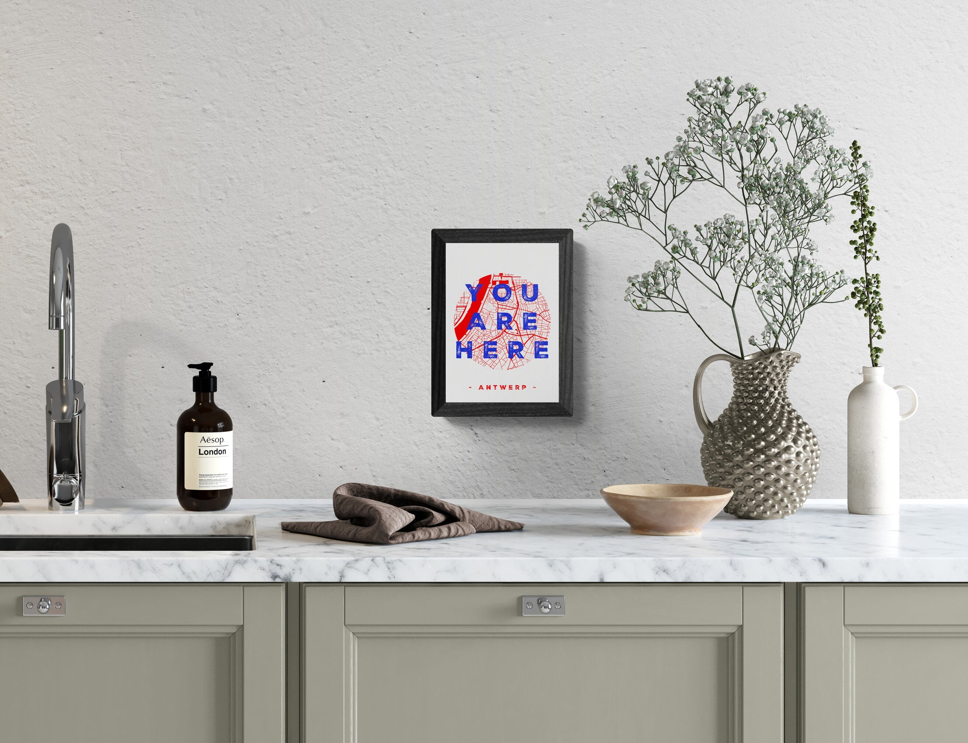 A6 hand-printed screen print titled “You Are Here” by De Zeverij, featuring a red and blue graphic map of Antwerp with bold typography, contemporary Belgian illustration art.