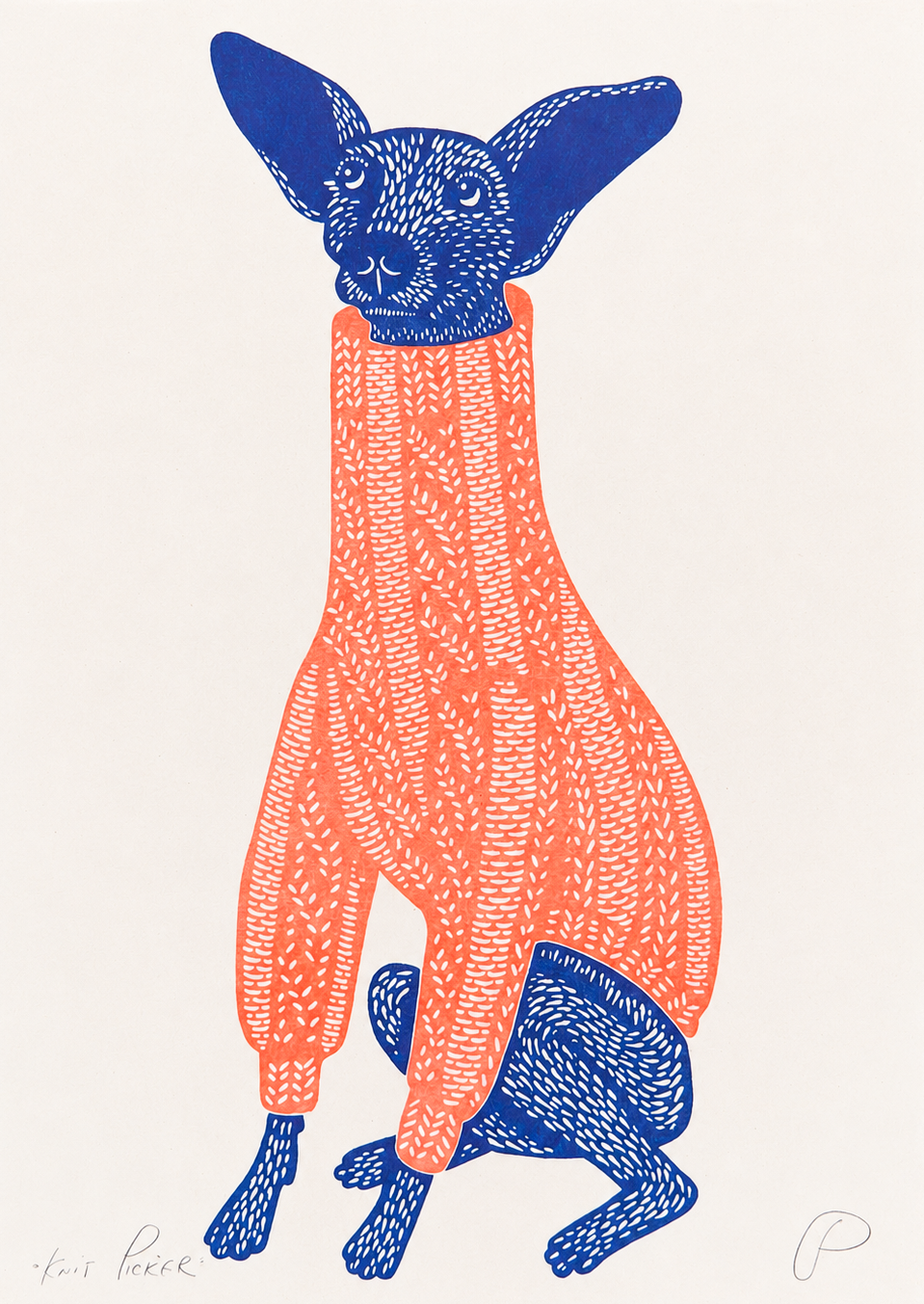 Playful portrait risograph of a small blue dog with oversized ears wearing a coral knitted jumper, printed vertically in bold blue and orange tones, ideal as quirky animal wall art.