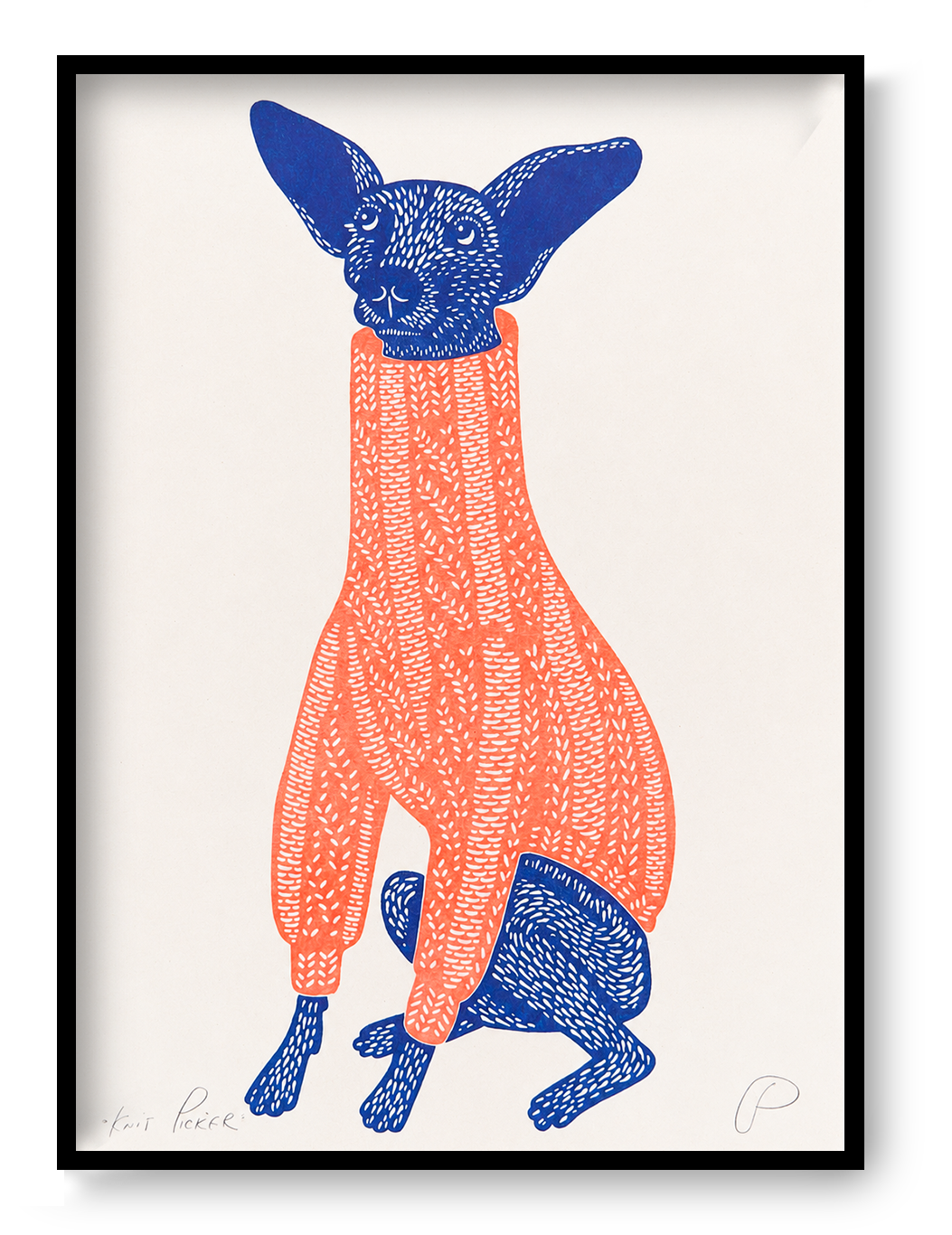 Playful portrait risograph of a small blue dog with oversized ears wearing a coral knitted jumper, printed vertically in bold blue and orange tones, ideal as quirky animal wall art.