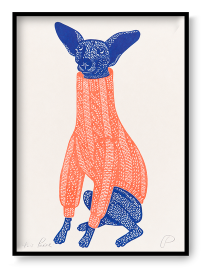 Playful portrait risograph of a small blue dog with oversized ears wearing a coral knitted jumper, printed vertically in bold blue and orange tones, ideal as quirky animal wall art.