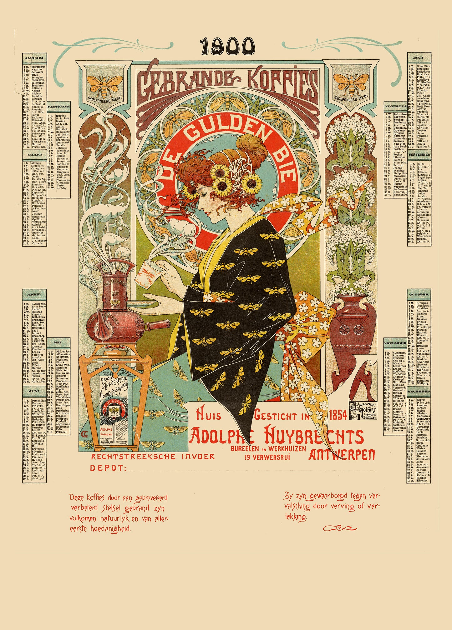 Vintage Art Nouveau coffee advertisement by Albert Castille featuring a woman surrounded by bees, flowers, ornate lettering and warm cream, orange, green and black tones. Vertical 50x70 digital print for kitchen or dining room wall art.