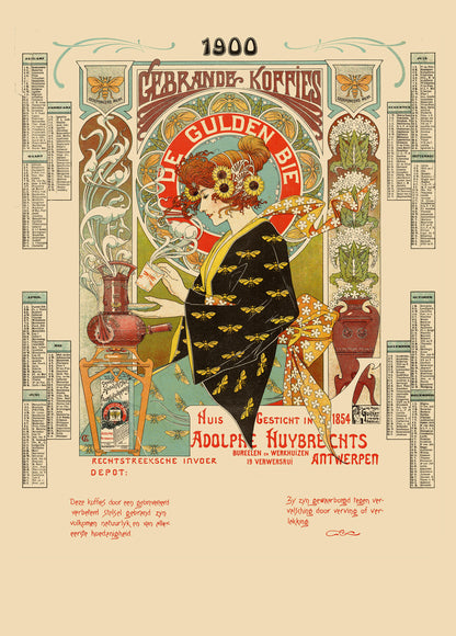 Vintage Art Nouveau coffee advertisement by Albert Castille featuring a woman surrounded by bees, flowers, ornate lettering and warm cream, orange, green and black tones. Vertical 50x70 digital print for kitchen or dining room wall art.