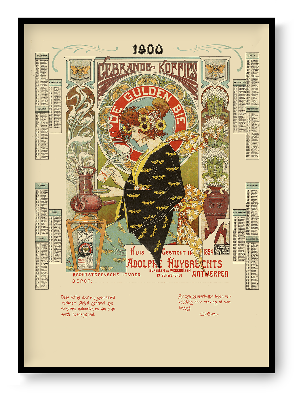 Vintage Art Nouveau coffee advertisement by Albert Castille featuring a woman surrounded by bees, flowers, ornate lettering and warm cream, orange, green and black tones. Vertical 50x70 digital print for kitchen or dining room wall art.