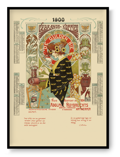 Vintage Art Nouveau coffee advertisement by Albert Castille featuring a woman surrounded by bees, flowers, ornate lettering and warm cream, orange, green and black tones. Vertical 50x70 digital print for kitchen or dining room wall art.
