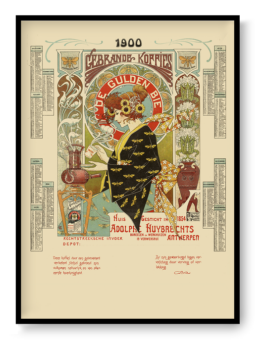 Vintage Art Nouveau coffee advertisement by Albert Castille featuring a woman surrounded by bees, flowers, ornate lettering and warm cream, orange, green and black tones. Vertical 50x70 digital print for kitchen or dining room wall art.