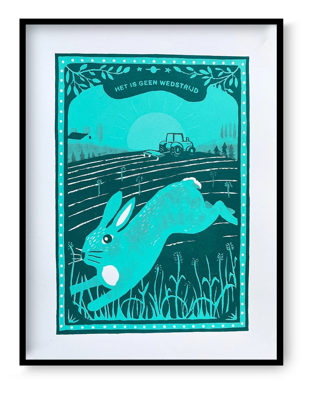two-colour screen print of a running hare in farmland landscape with tractor and rising sun, playful nature illustration by Dennis Dellaert, limited edition art print 30x40 cm