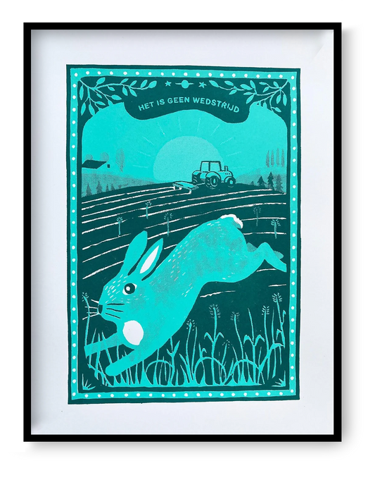 two-colour screen print of a running hare in farmland landscape with tractor and rising sun, playful nature illustration by Dennis Dellaert, limited edition art print 30x40 cm